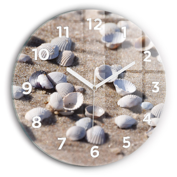 Round glass wall clock Seashells on the beach