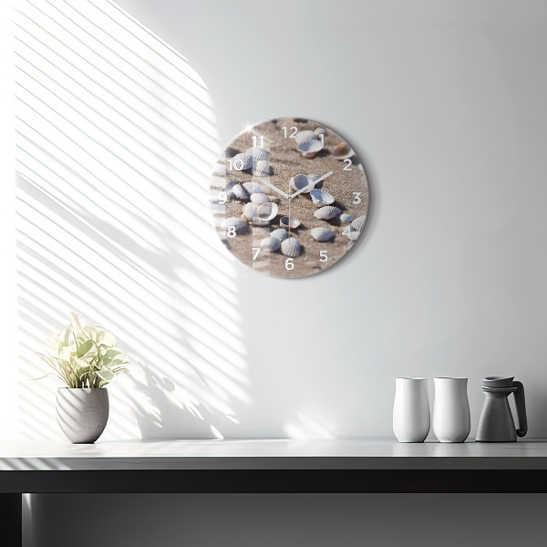 Round glass wall clock Seashells on the beach