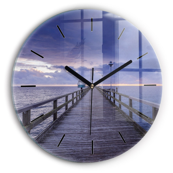 Round glass wall clock Pier on the Baltic Sea