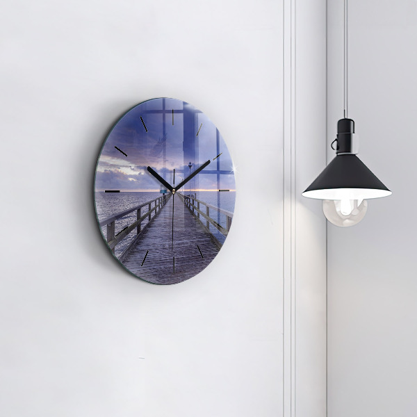 Round glass wall clock Pier on the Baltic Sea