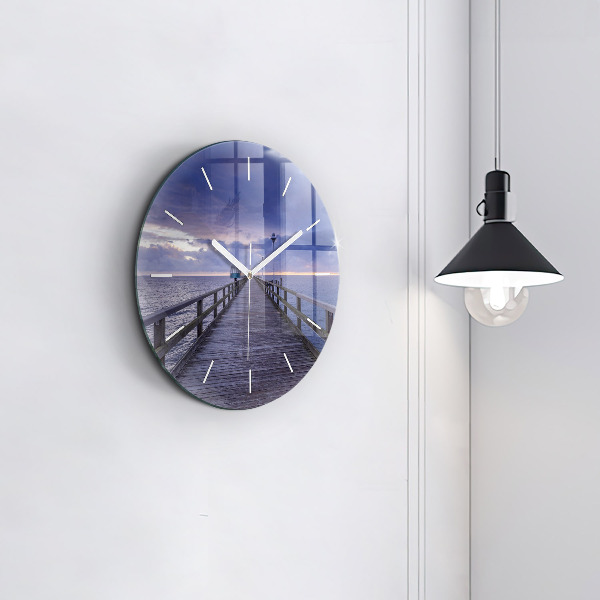 Round glass wall clock Pier on the Baltic Sea