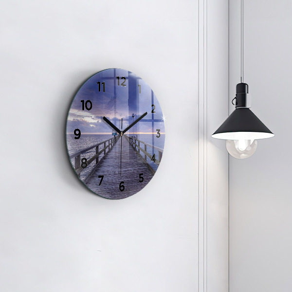 Round glass wall clock Pier on the Baltic Sea