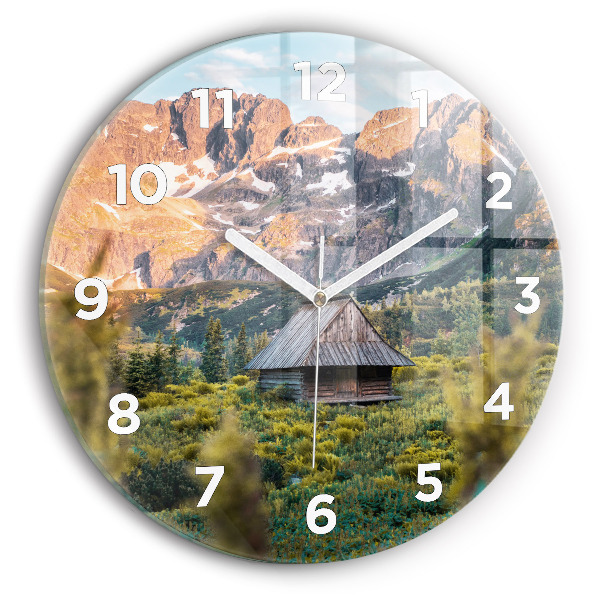 Round glass wall clock Cottage in the Tatra Mountains