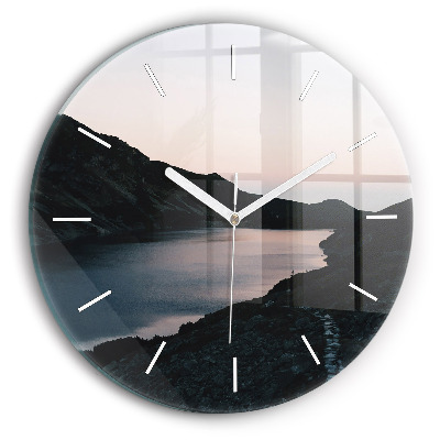 Round glass wall clock Lake and mountains