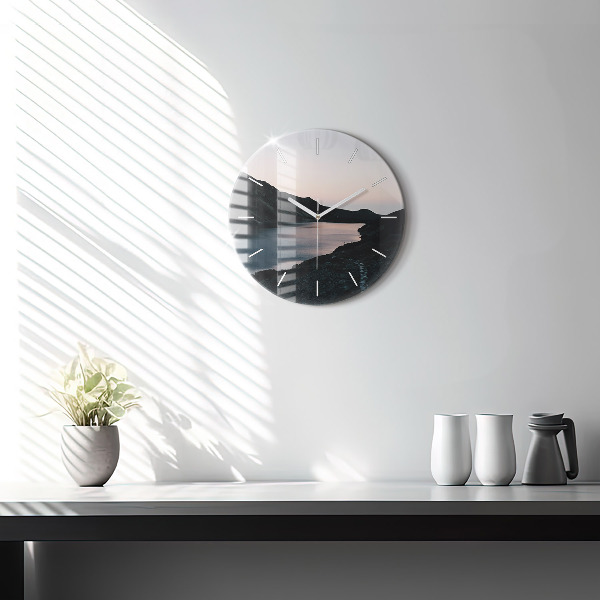 Round glass wall clock Lake and mountains