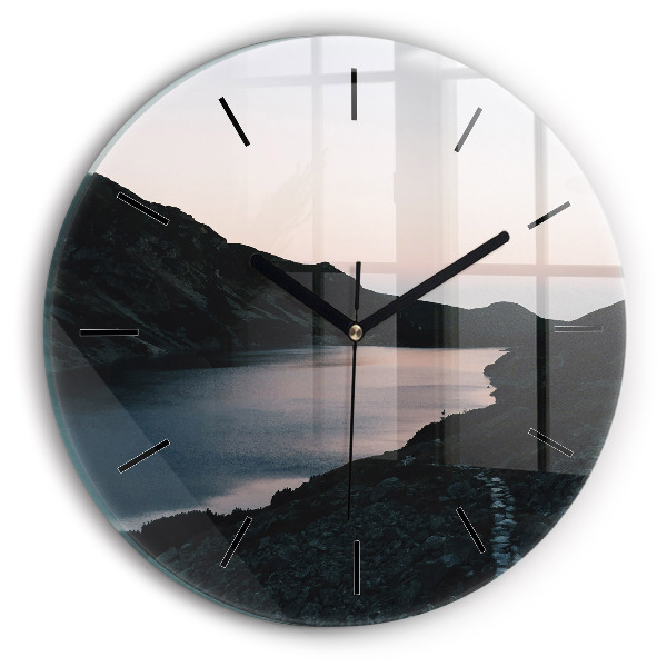 Round glass wall clock Lake and mountains