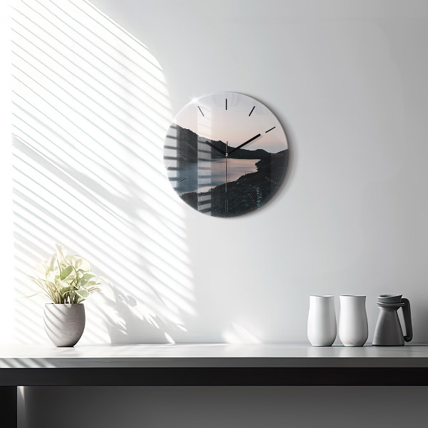 Round glass wall clock Lake and mountains