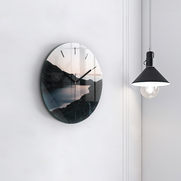 Round glass wall clock Lake and mountains