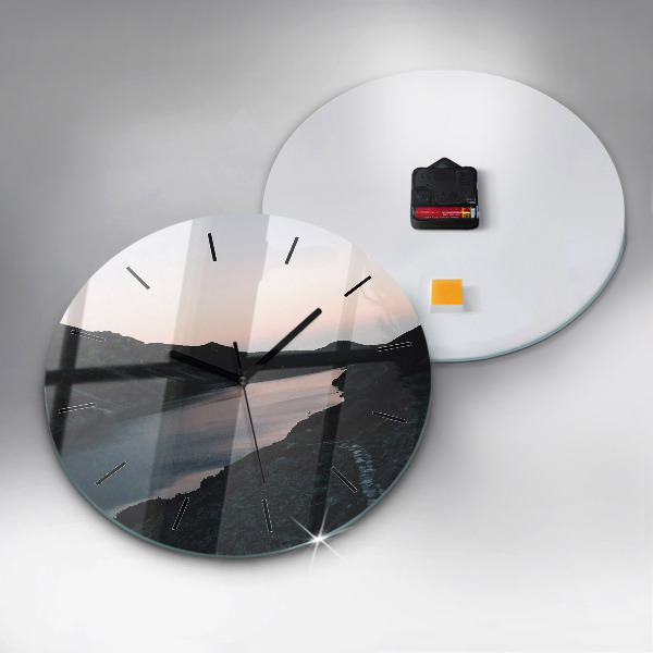 Round glass wall clock Lake and mountains