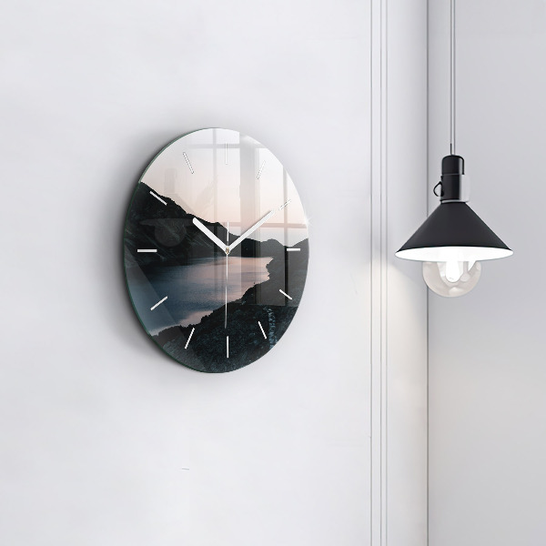 Round glass wall clock Lake and mountains