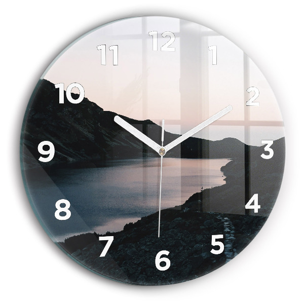 Round glass wall clock Lake and mountains