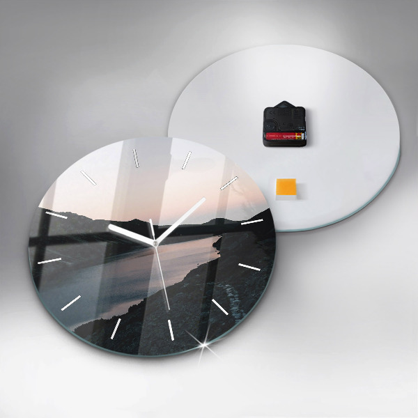 Round glass wall clock Lake and mountains