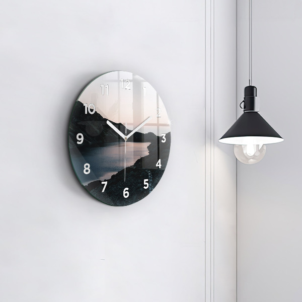 Round glass wall clock Lake and mountains