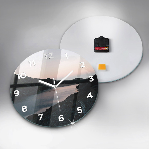 Round glass wall clock Lake and mountains
