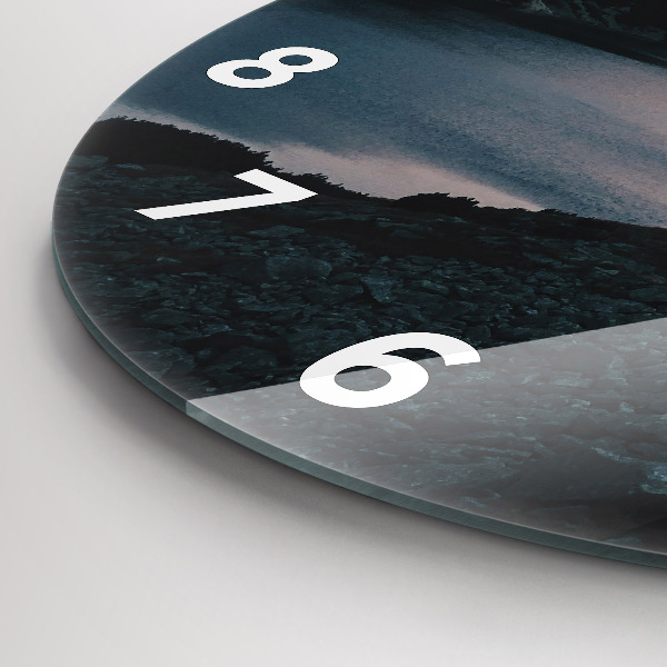 Round glass wall clock Lake and mountains