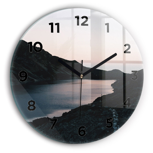 Round glass wall clock Lake and mountains