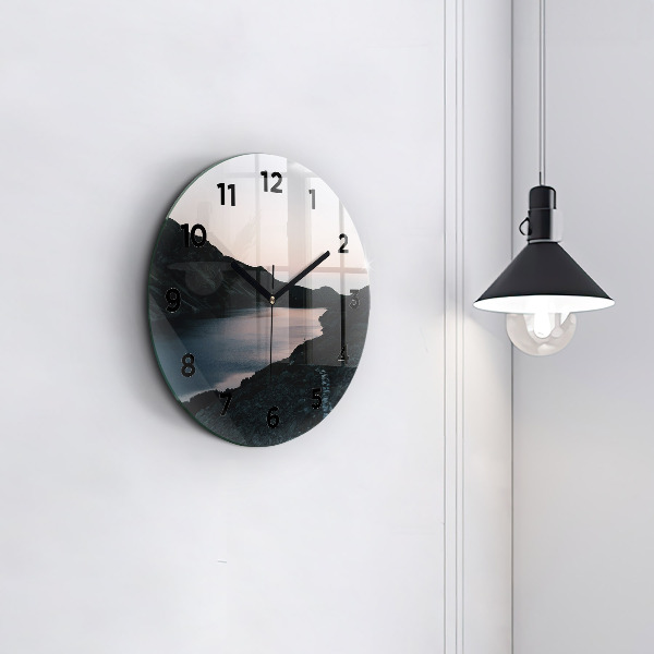 Round glass wall clock Lake and mountains