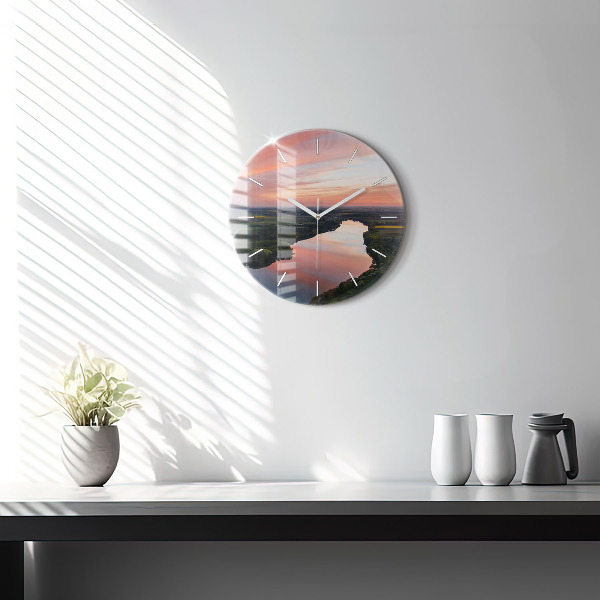 Round glass wall clock Lake view