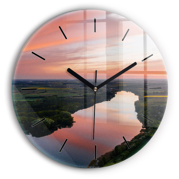 Round glass wall clock Lake view