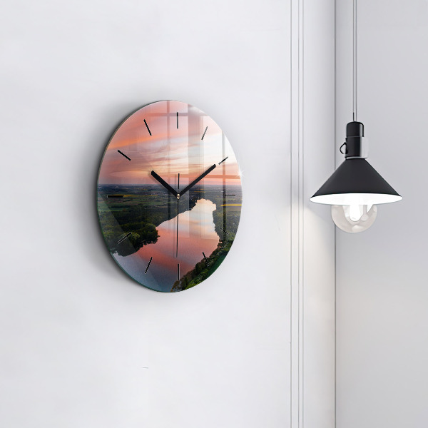 Round glass wall clock Lake view