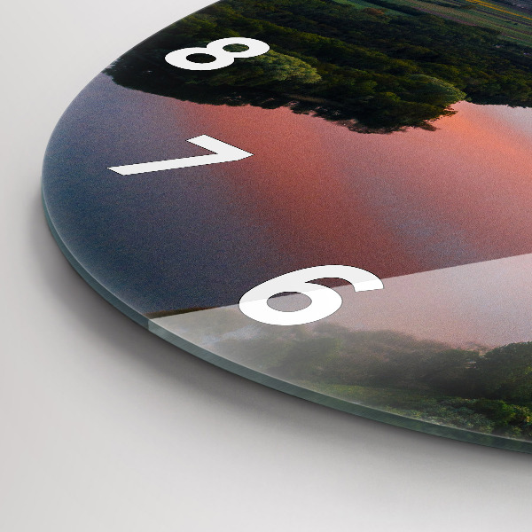 Round glass wall clock Lake view