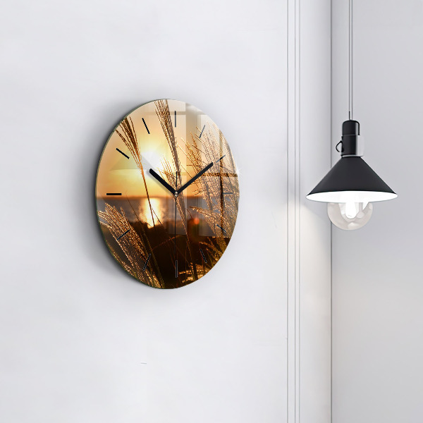 Round glass wall clock Wheat in the golden sun