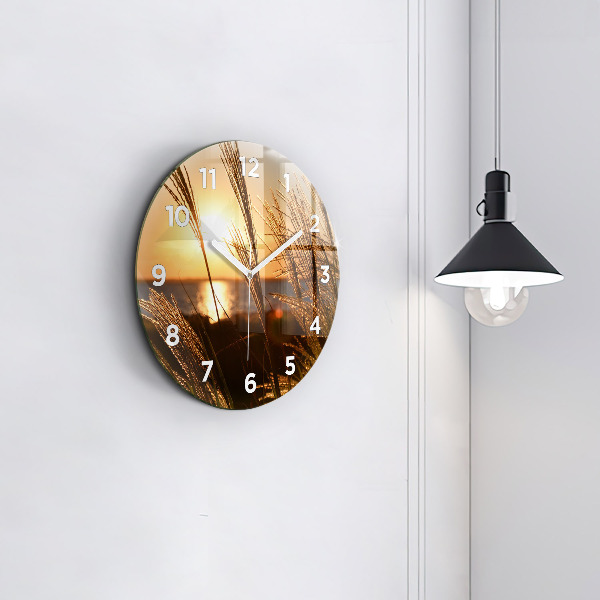 Round glass wall clock Wheat in the golden sun