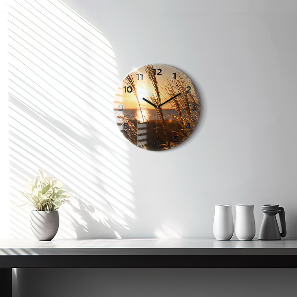 Round glass wall clock Wheat in the golden sun