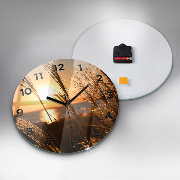 Round glass wall clock Wheat in the golden sun