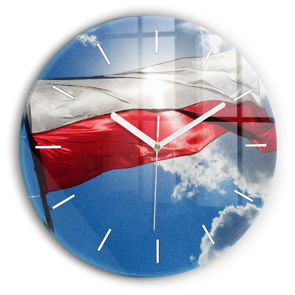 Round glass wall clock The Polish flag against the sky