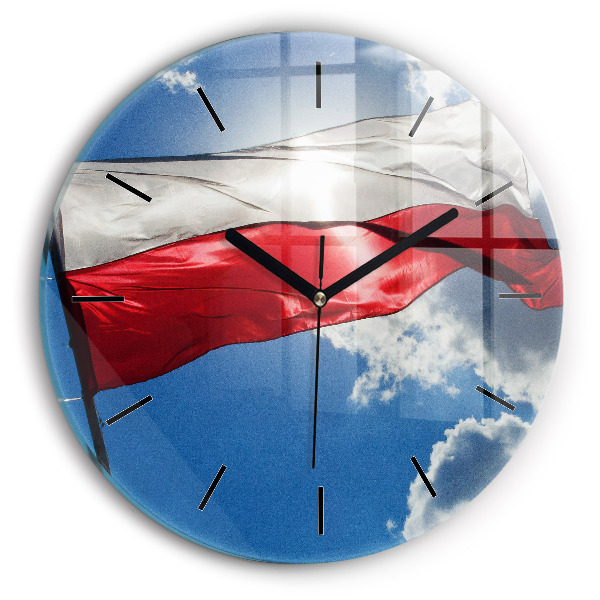 Round glass wall clock The Polish flag against the sky