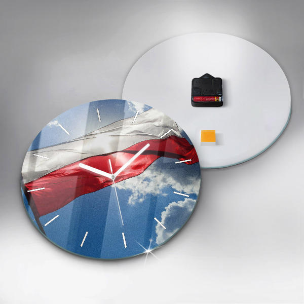 Round glass wall clock The Polish flag against the sky