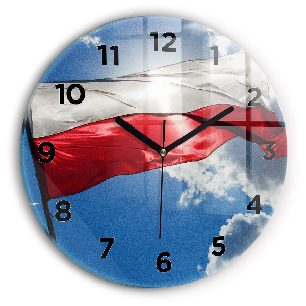 Round glass wall clock The Polish flag against the sky