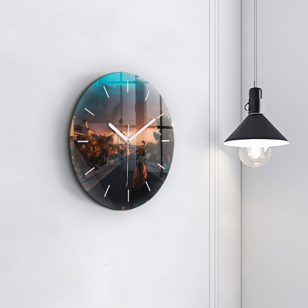 Round glass wall clock Woman on the road