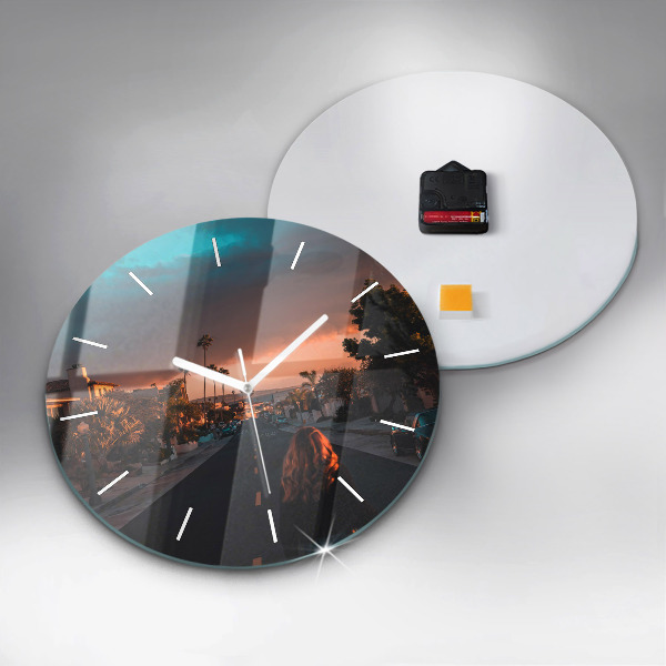Round glass wall clock Woman on the road