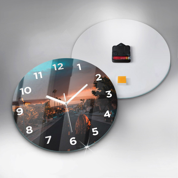 Round glass wall clock Woman on the road