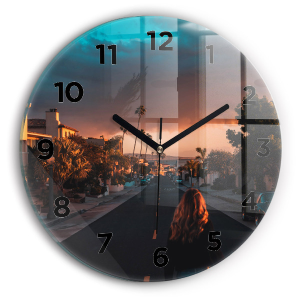 Round glass wall clock Woman on the road
