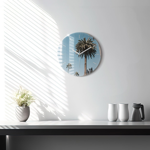 Round glass wall clock Palm trees in Los Angeles