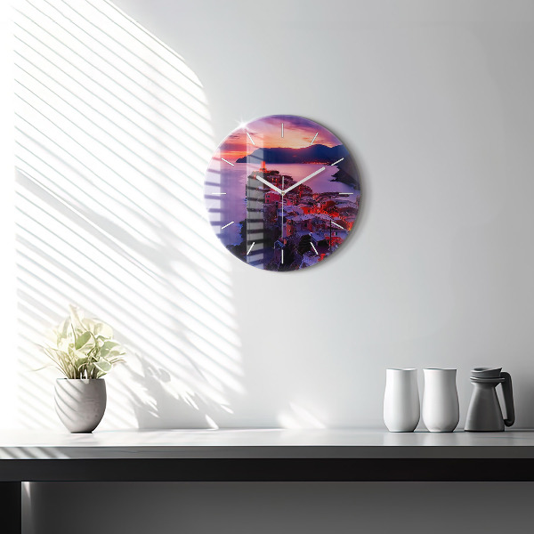 Round glass wall clock Houses near the Lake