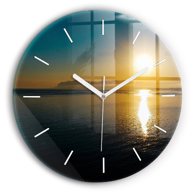 Round glass wall clock Sunrise landscape