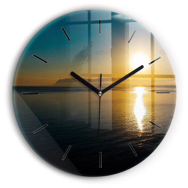 Round glass wall clock Sunrise landscape
