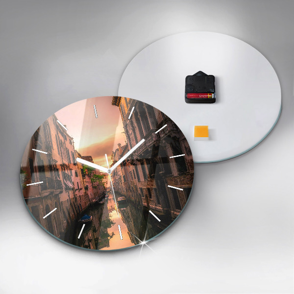 Round glass wall clock View of the canal in the city