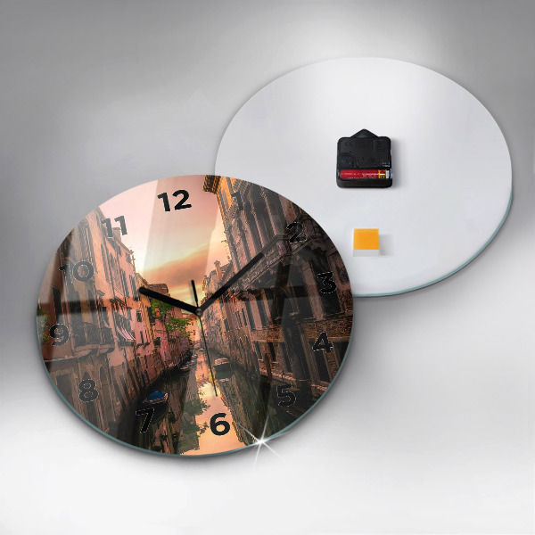 Round glass wall clock View of the canal in the city
