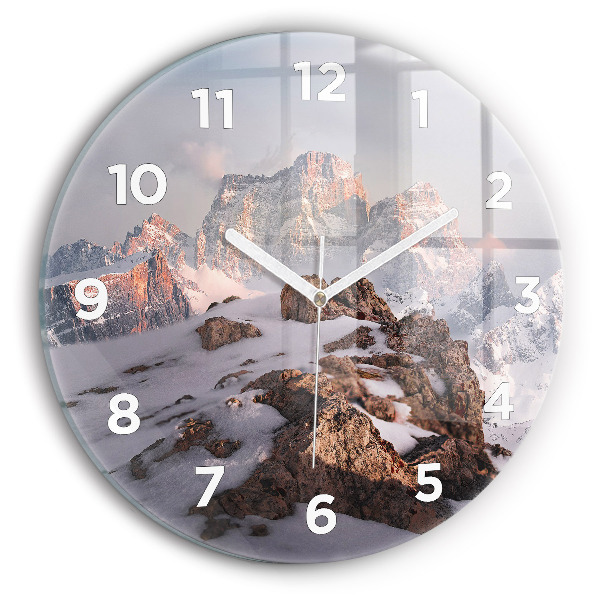 Round glass wall clock A mountain covered in snow