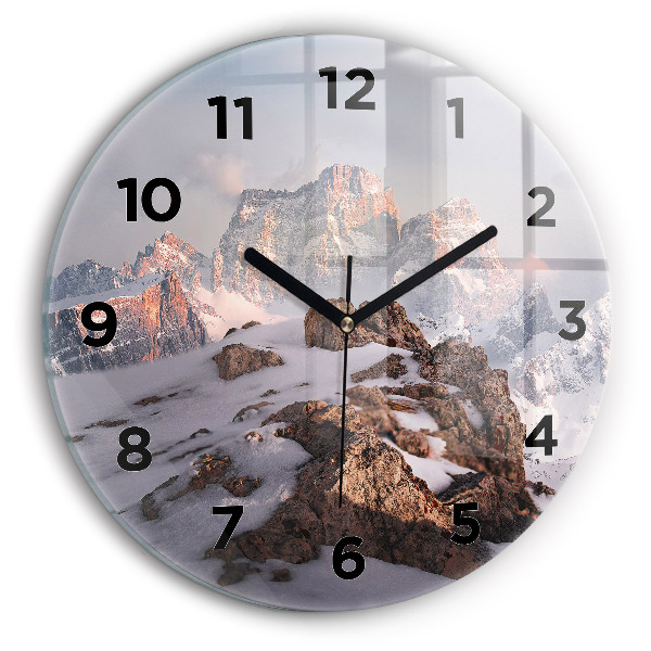 Round glass wall clock A mountain covered in snow