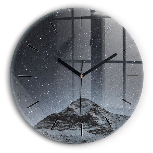 Round glass wall clock Mountain under the stars
