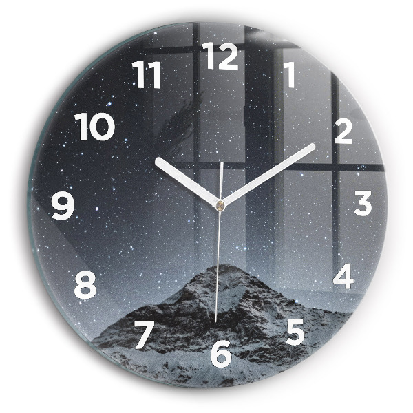 Round glass wall clock Mountain under the stars
