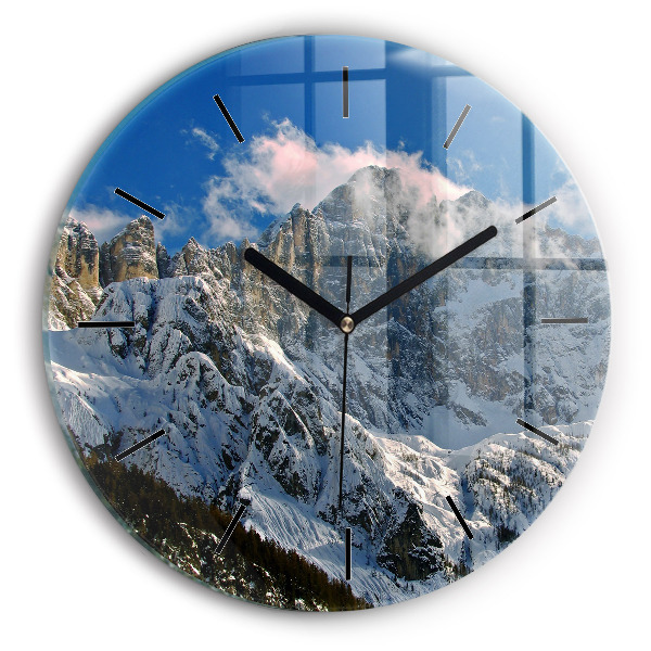 Round glass wall clock Mountains under blue sky