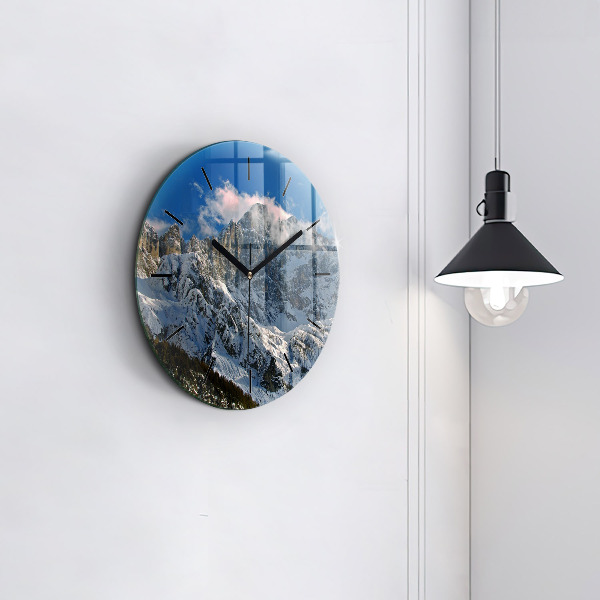 Round glass wall clock Mountains under blue sky