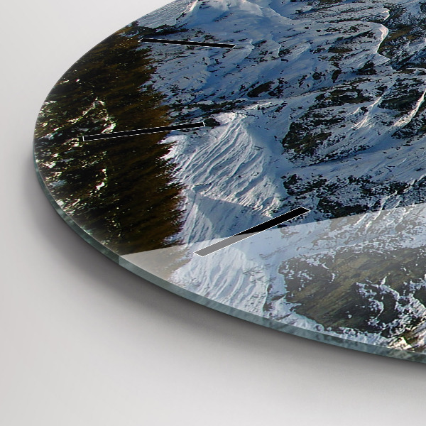 Round glass wall clock Mountains under blue sky